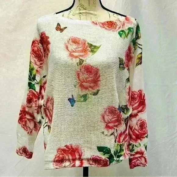 Leonardo sweater white with roses size small - Picture 3 of 13